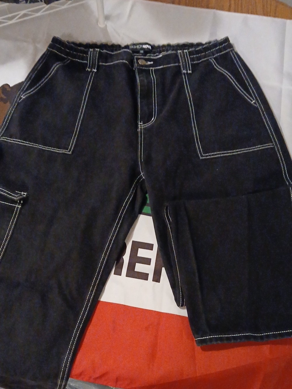 Unbranded Men's Black Contrast-Stitch Carpenter Jeans